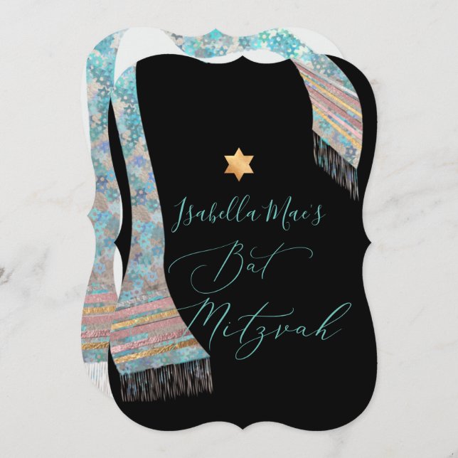 PixDezines Tallit Aqua Turquoise Blue Bat Mitzvah Invitation (Front/Back)