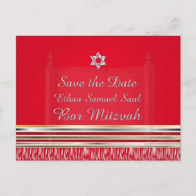 PixDezines TALLIT/RED/MITZVAH SAVE the DATE Announcement Postcard (Front)