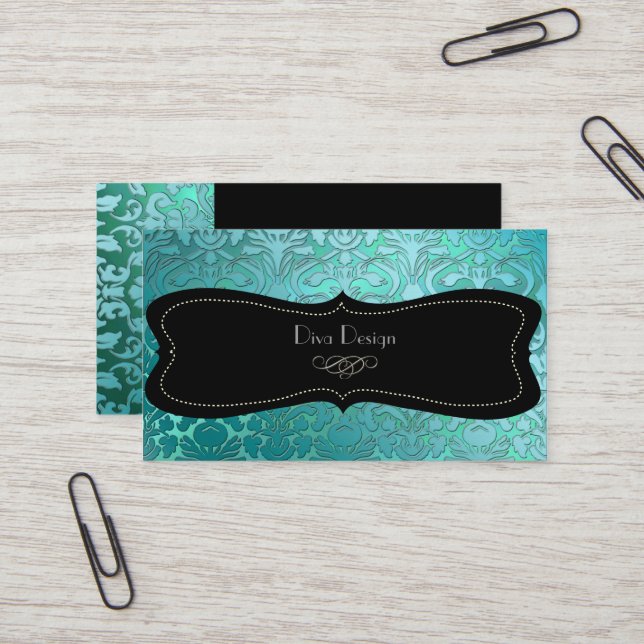 PixDezines teal flora damask/diy background Business Card (Front/Back In Situ)