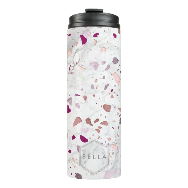 PixDezines TERRAZZO ROSE GOLD, BURGUNDY SILVER Thermal Tumbler (Front)