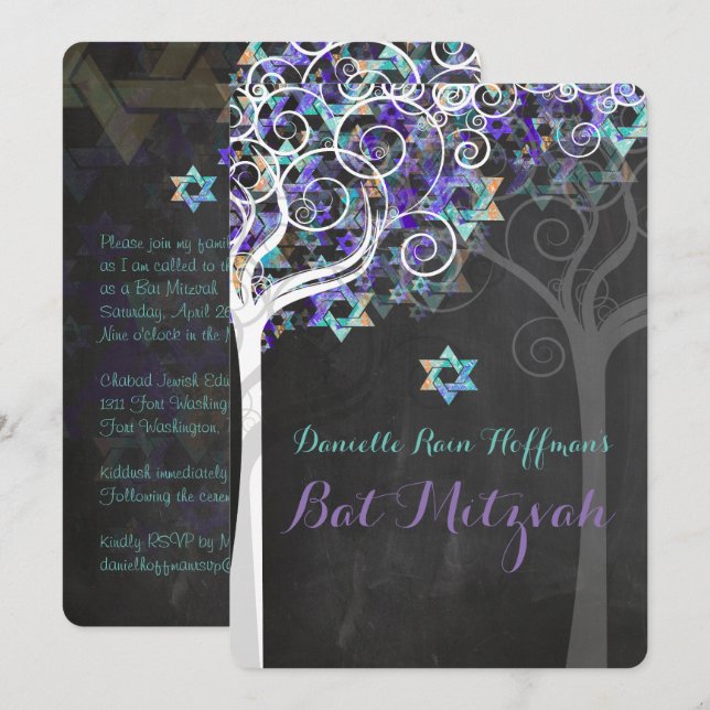 PixDezines Tree of Life Bat Mitzvah/Chalkboard Invitation (Front/Back)