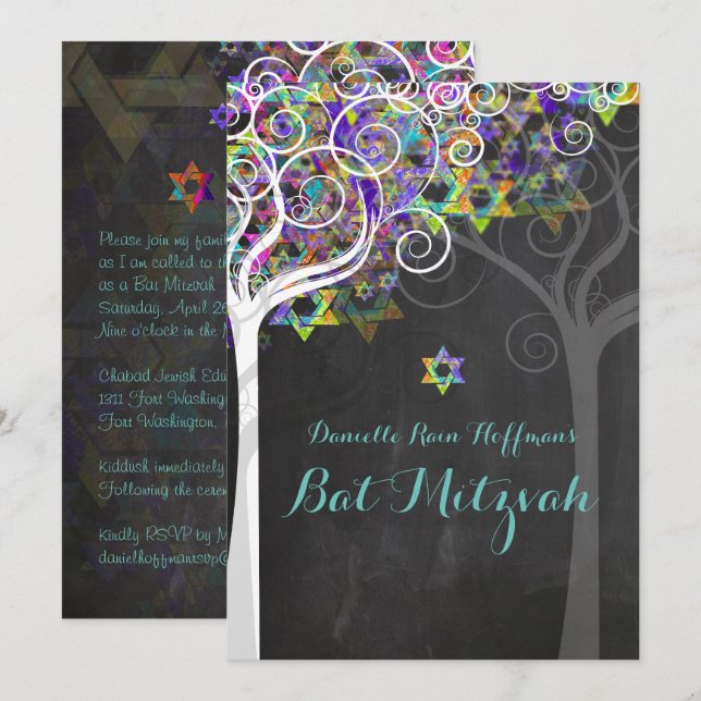 PixDezines tree of life Bat Mitzvah/chalkboard Invitation (Front/Back)