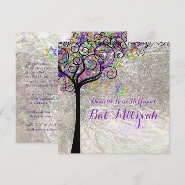 PixDezines tree of life Bat Mitzvah/faux foil Invitation (Front/Back)