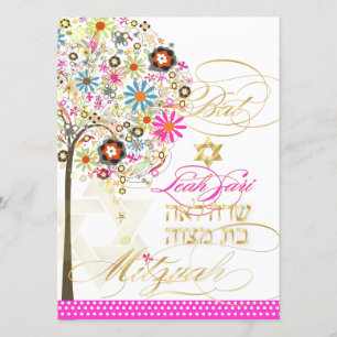 PixDezines tree of life+floral, Bat Mitzvah Invitation