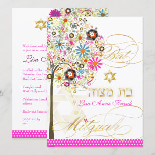 PixDezines TREE OF LIFE+FLOWERS BAT MITZVAH Invitation