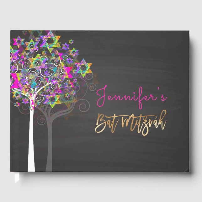 PixDezines Tree of Life Mitzvah/Pink+Chalkboard Guest Book (Front)