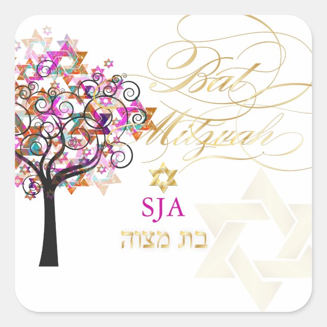 PixDezines tree of life/stars/Bat Mitzvah Square Sticker (Front)