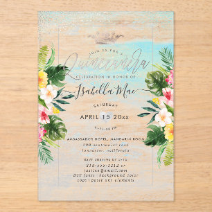 PixDezines Tropical Flowers+Beach Quinceanera Acrylic Invitations