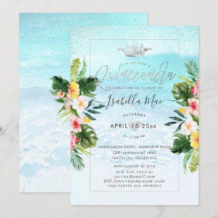 PixDezines Tropical Flowers+Beach Quinceanera Invitation