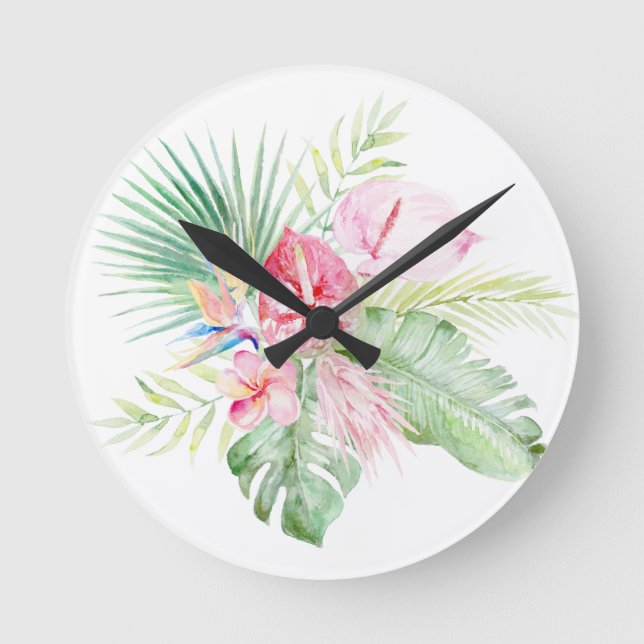 PixDezines Tropical Paradise Pastel Floral Foliage Round Clock (Front)