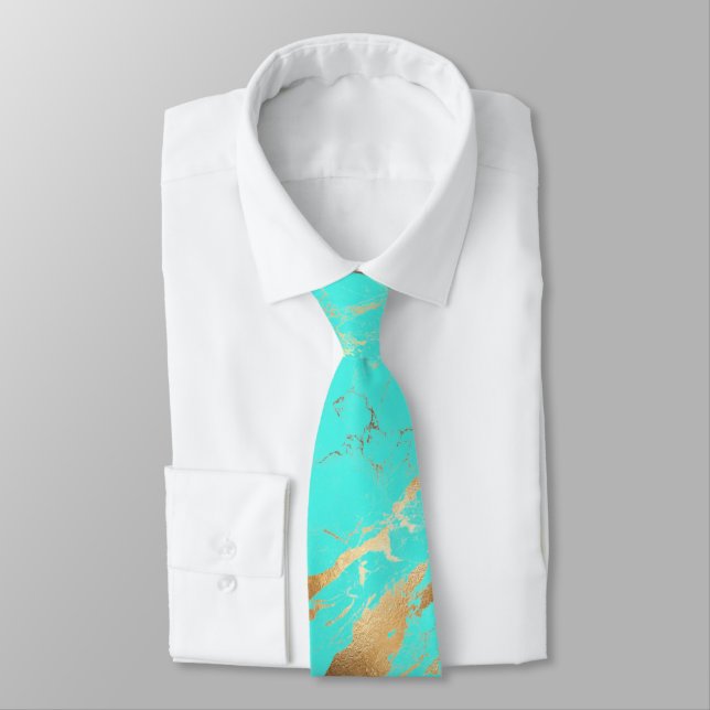 PixDezines Turquoise Blue Marble Slab+Gold Veins Tie (Tied)