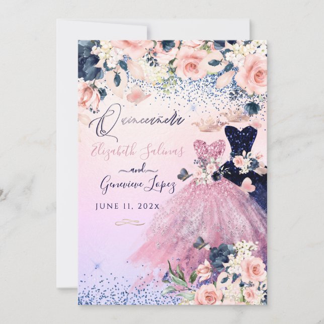 PixDezines Twins Quinceanera Navy Blue+Blush  Invitation (Front)