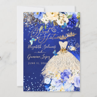 PixDezines Twins Sweet 16 Royal Blue Gold Invitation