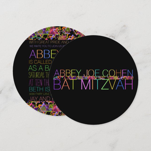 PixDezines typography/neon/bat mitzvah Invitation (Front/Back)
