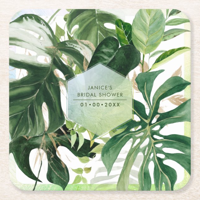 PixDezines Variegated Monstera Tropical Foliage Square Paper Coaster (Front)