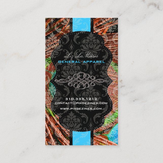 PixDezines Vendome Damask, Peacock Feather Business Card (Front)
