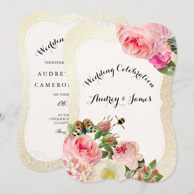 PixDezines victorian roses/peonies/faux gold speck Invitation (Front/Back)