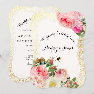 PixDezines victorian roses/peonies/faux gold speck Invitation