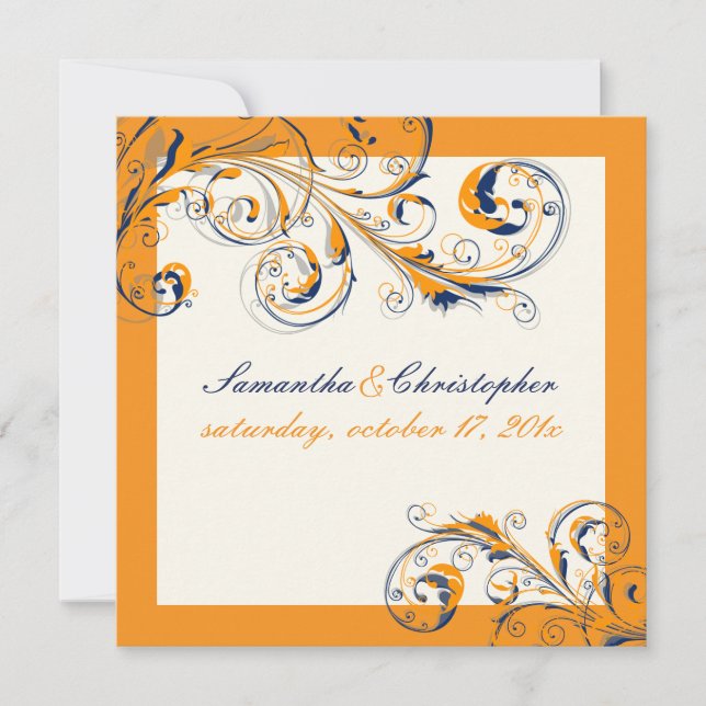 PixDezines Vine Swirls|orange+navy blue|DIY colour Invitation (Front)
