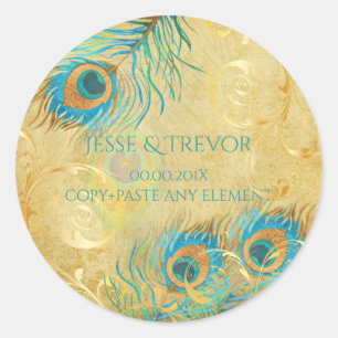 PixDezines VINTAGE FAUX GOLD PEACOCK FEATHER Classic Round Sticker