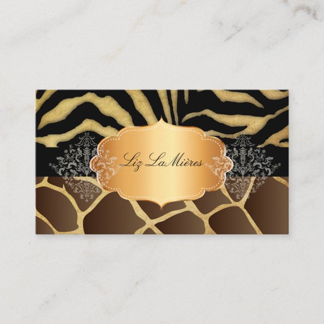 PixDezines vintage giraffe, zebra+gold label Business Card (Front)