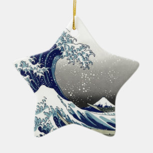PixDezines Vintage, Great Wave, Hokusai 葛飾北斎の神奈川沖浪 Ceramic Tree Decoration