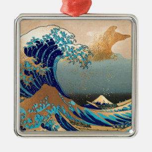 PixDezines Vintage, Great Wave, Hokusai 葛飾北斎の神奈川沖浪 Metal Tree Decoration