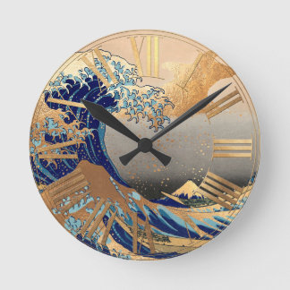PixDezines Vintage Great Wave Hokusai 葛飾北斎の神奈川沖浪 Round Clock