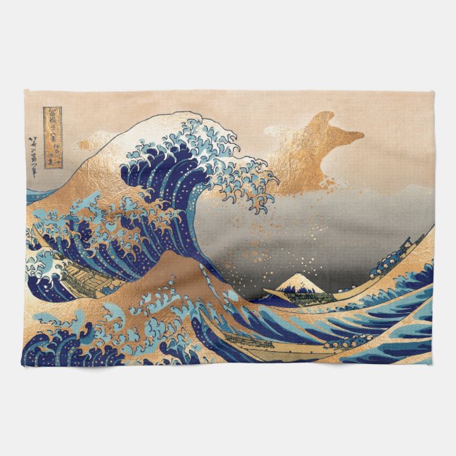 PixDezines Vintage, Great Wave, Hokusai 葛飾北斎の神奈川沖浪 Tea Towel (Horizontal)