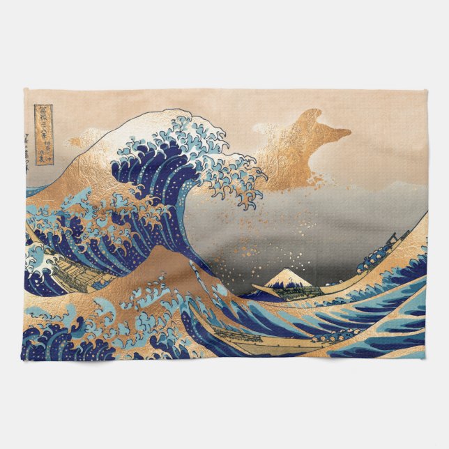 PixDezines Vintage, Great Wave, Hokusai 葛飾北斎の神奈川沖浪 Tea Towel (Horizontal)
