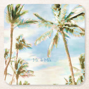 PixDezines Vintage Hawaiian Beach/Coral/Blue Square Paper Coaster