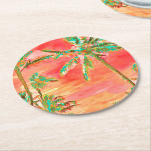 PixDezines Vintage Hawaiian Beach/Coral/Teal Round Paper Coaster