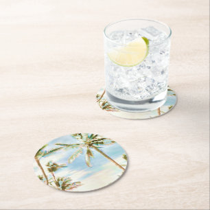 PixDezines Vintage Hawaiian Beach/Pale Blue Sky Round Paper Coaster