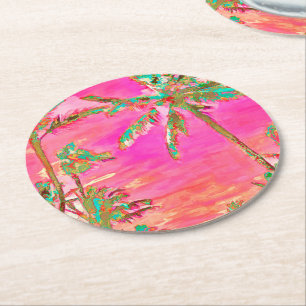 PixDezines Vintage Hawaiian Beach/Pink/Teal Round Paper Coaster