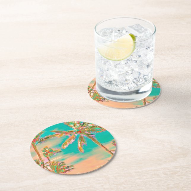 PixDezines Vintage Hawaiian Beach/Teal Round Paper Coaster (Insitu)