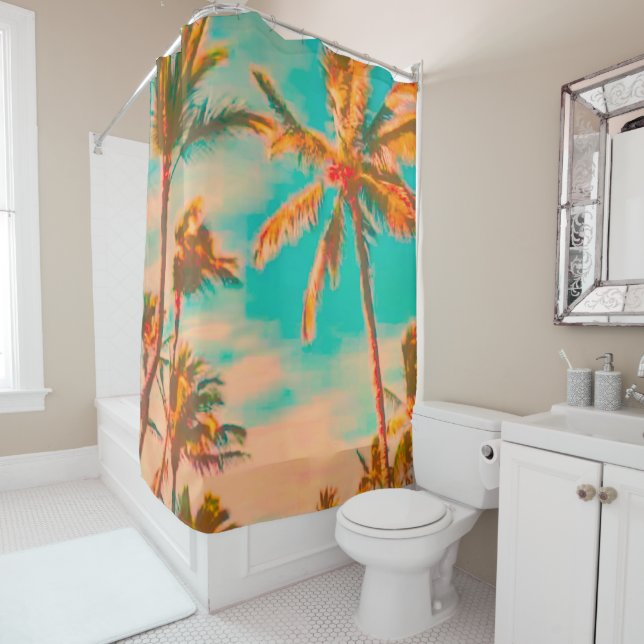 PixDezines Vintage Hawaiian Beach/Teal Shower Curtain (In Situ)