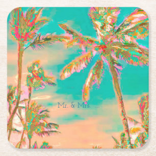 PixDezines Vintage Hawaiian Beach/Teal Square Paper Coaster