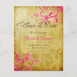 PixDezines vintage hot pink swirls+faux parchment Announcement Postcard