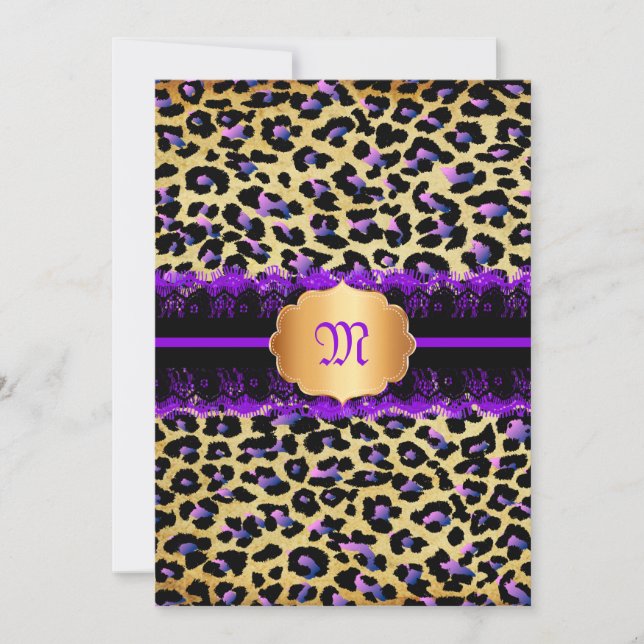 PixDezines vintage lace+cheetah spots/purple+black Invitation (Front)