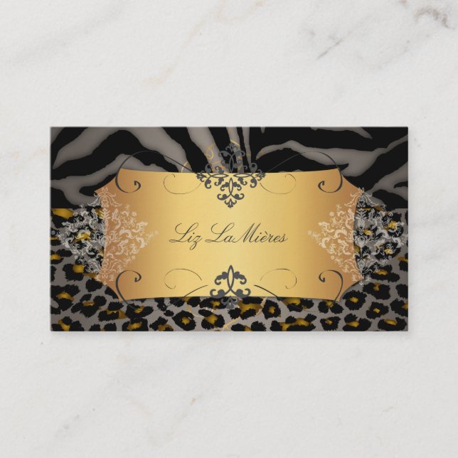 PixDezines Vintage leopard, zebra + damask Business Card (Front)