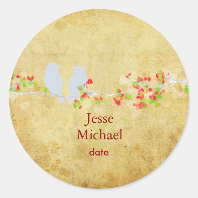 PixDezines Vintage Love Birds Classic Round Sticker (Front)