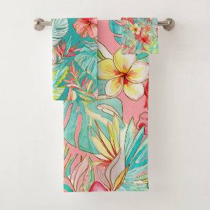 PixDezines Vintage Pastel H2 Hawaii Floral Foliage Bath Towel Set