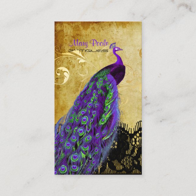 PixDezines vintage peacock+lace/diy fonts Business Card (Front)