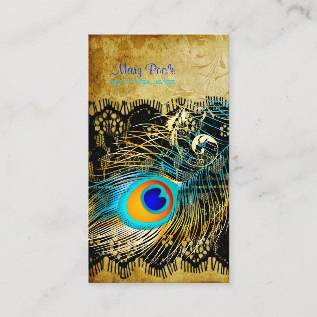 PixDezines vintage peacock+lace/diy fonts Business Card (Front)