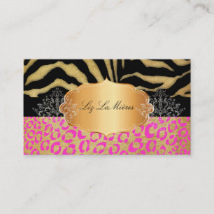 PixDezines Vintage pink leopard, zebra+gold label Business Card