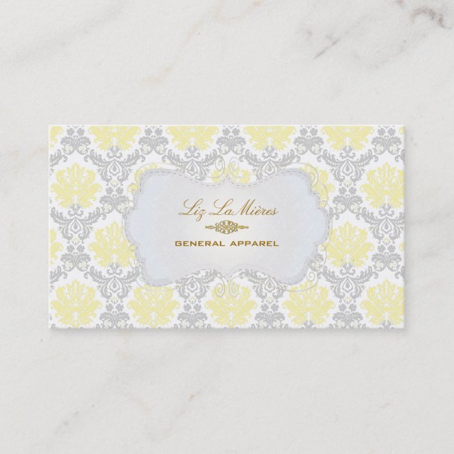 PixDezines vintage piqué damask/yellow+grey Business Card (Front)