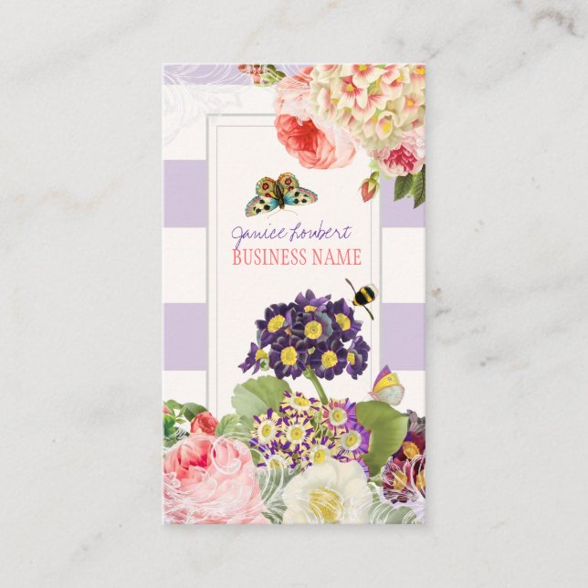 PixDezines vintage primrose, peonies Business Card (Front)