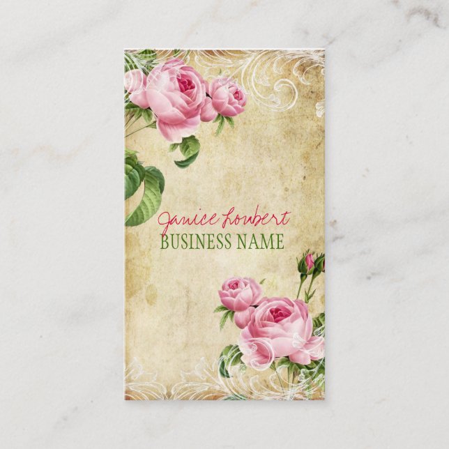 PixDezines vintage roses/faux parchment Business Card (Front)