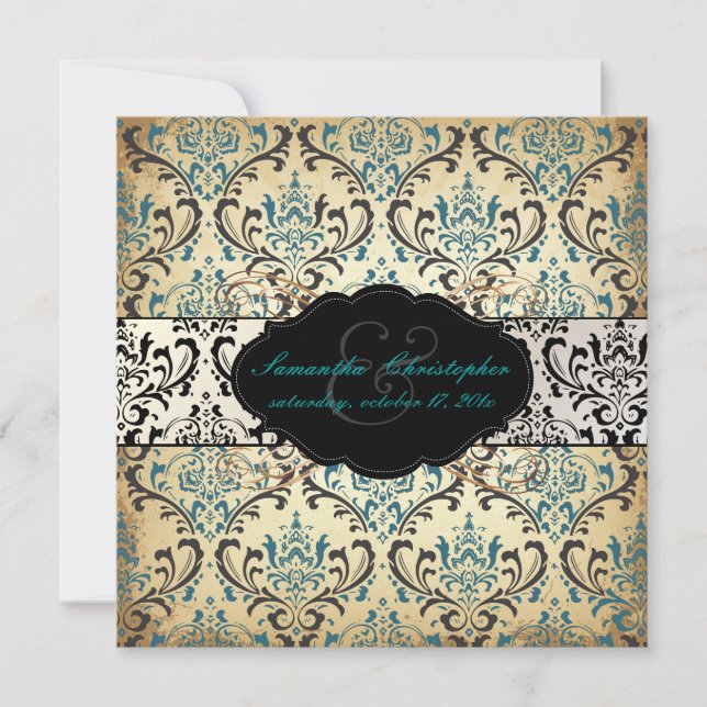 PixDezines Vintage Rossi Damask, Teal Invitation (Front)