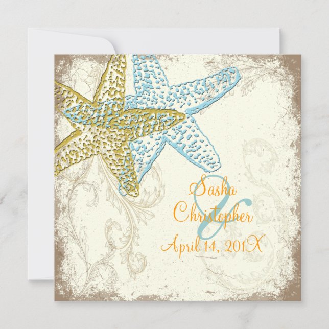 PixDezines Vintage Starfish+floral beach wedding Invitation (Front)
